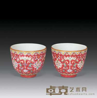 清嘉庆 胭脂红料彩花卉杯 7×8cm